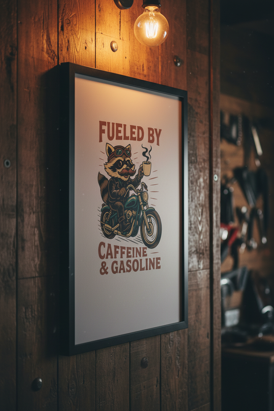 Funny Raccoon Motorcycle Coffee Poster | Caffeine &amp; Gasoline