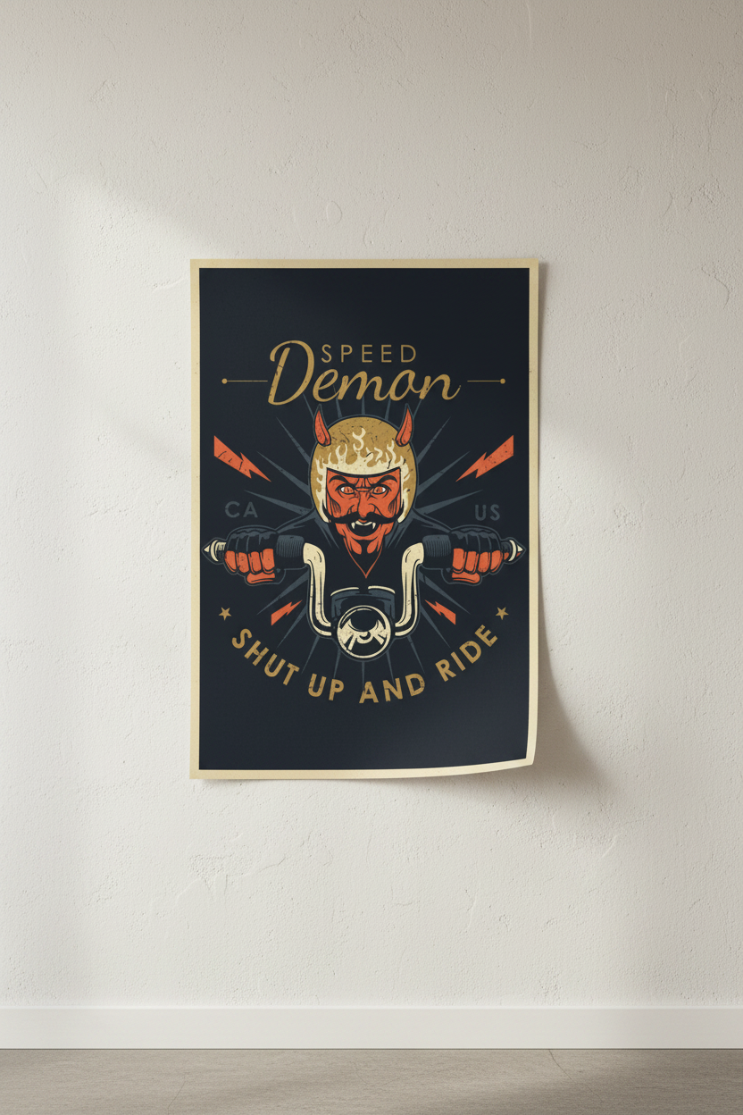 Speed Demon Motorcycle Poster, Vintage Biker Wall Art