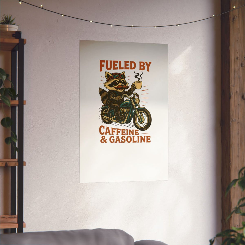 Funny Raccoon Motorcycle Coffee Poster | Caffeine & Gasoline