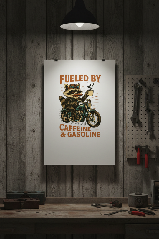 Funny Raccoon Motorcycle Coffee Poster | Caffeine &amp; Gasoline