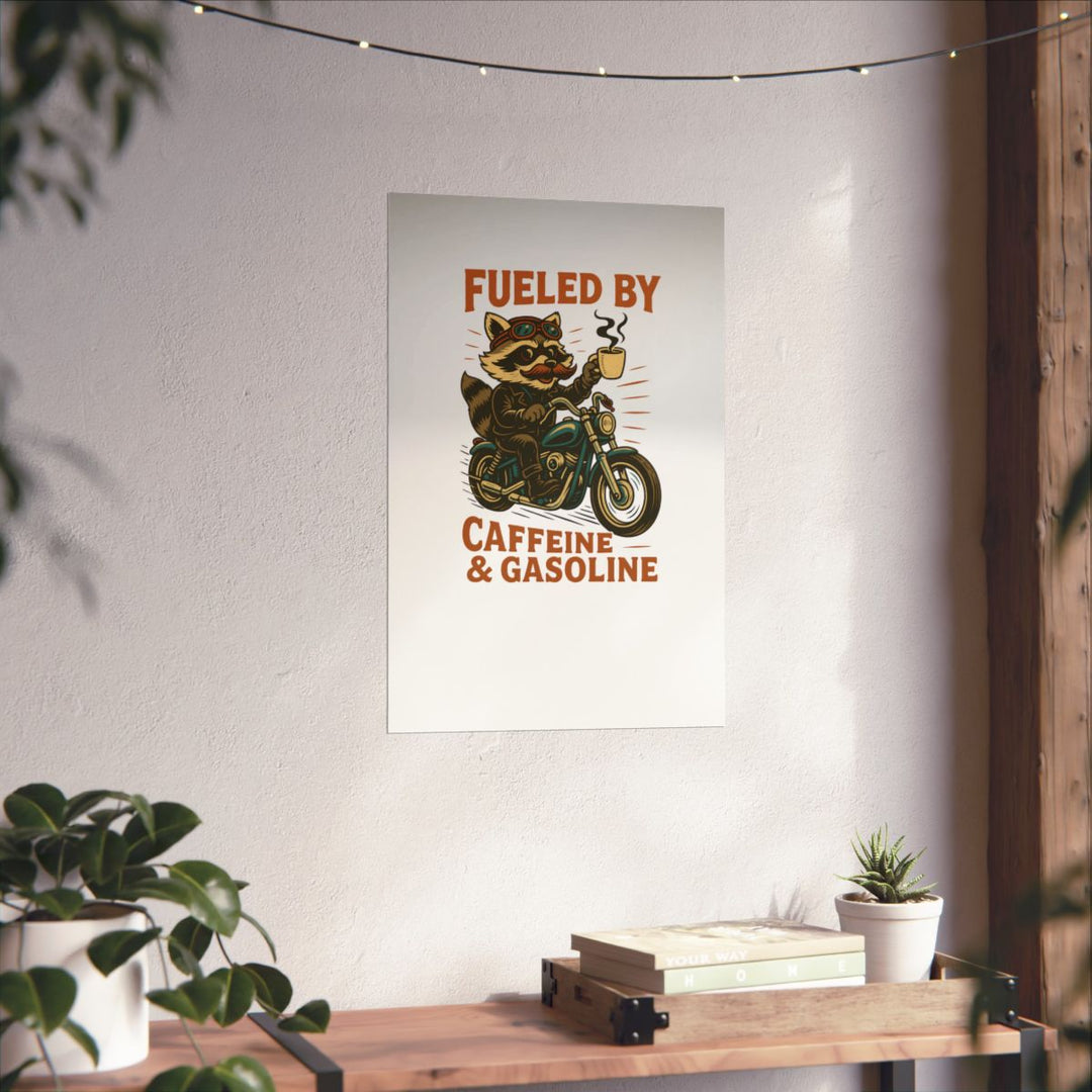 Funny Raccoon Motorcycle Coffee Poster | Caffeine &amp; Gasoline