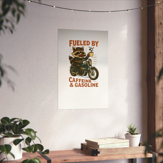 Funny Raccoon Motorcycle Coffee Poster | Caffeine &amp; Gasoline