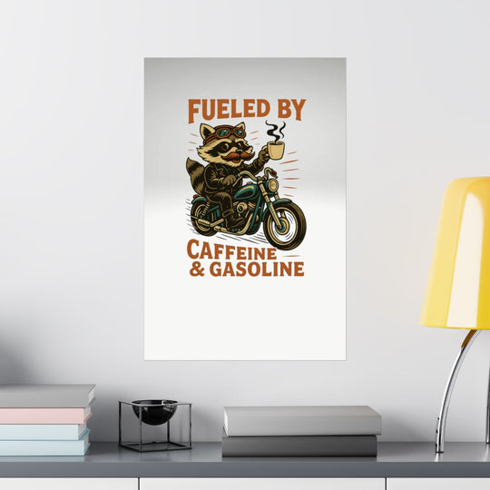 Funny Raccoon Motorcycle Coffee Poster | Caffeine &amp; Gasoline