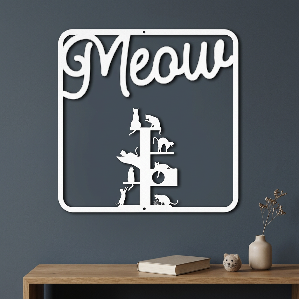 Meow cat-climbing artwork in a simple reading nook