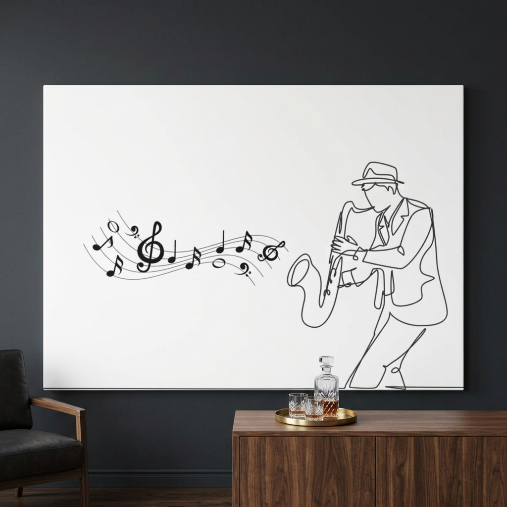 Minimalist saxophonist canvas in a home jazz bar