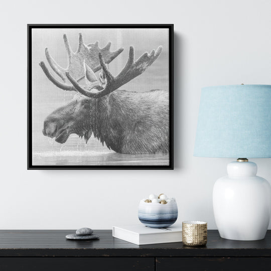 Framed black and white print of a moose on matte canvas Canvas teelaunch