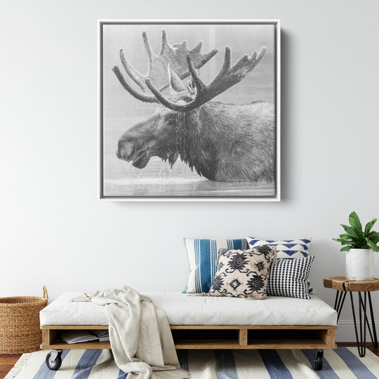 Framed black and white print of a moose on matte canvas Canvas teelaunch