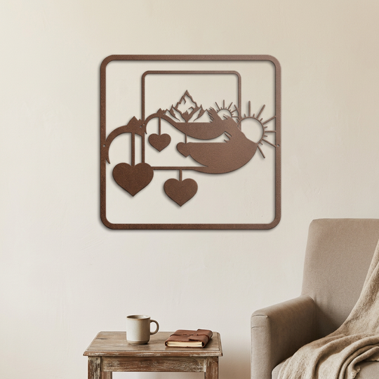 Mountain sunset and hearts sign in a cabin sitting nook