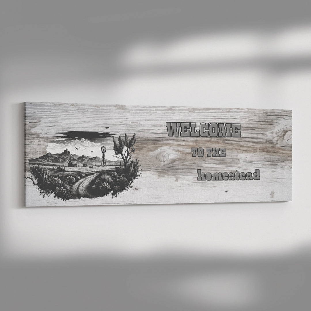 panoramic canvas, welcome sign in rustic vibe welcoming you to the homestead Canvas teelaunch 20x60 .75
