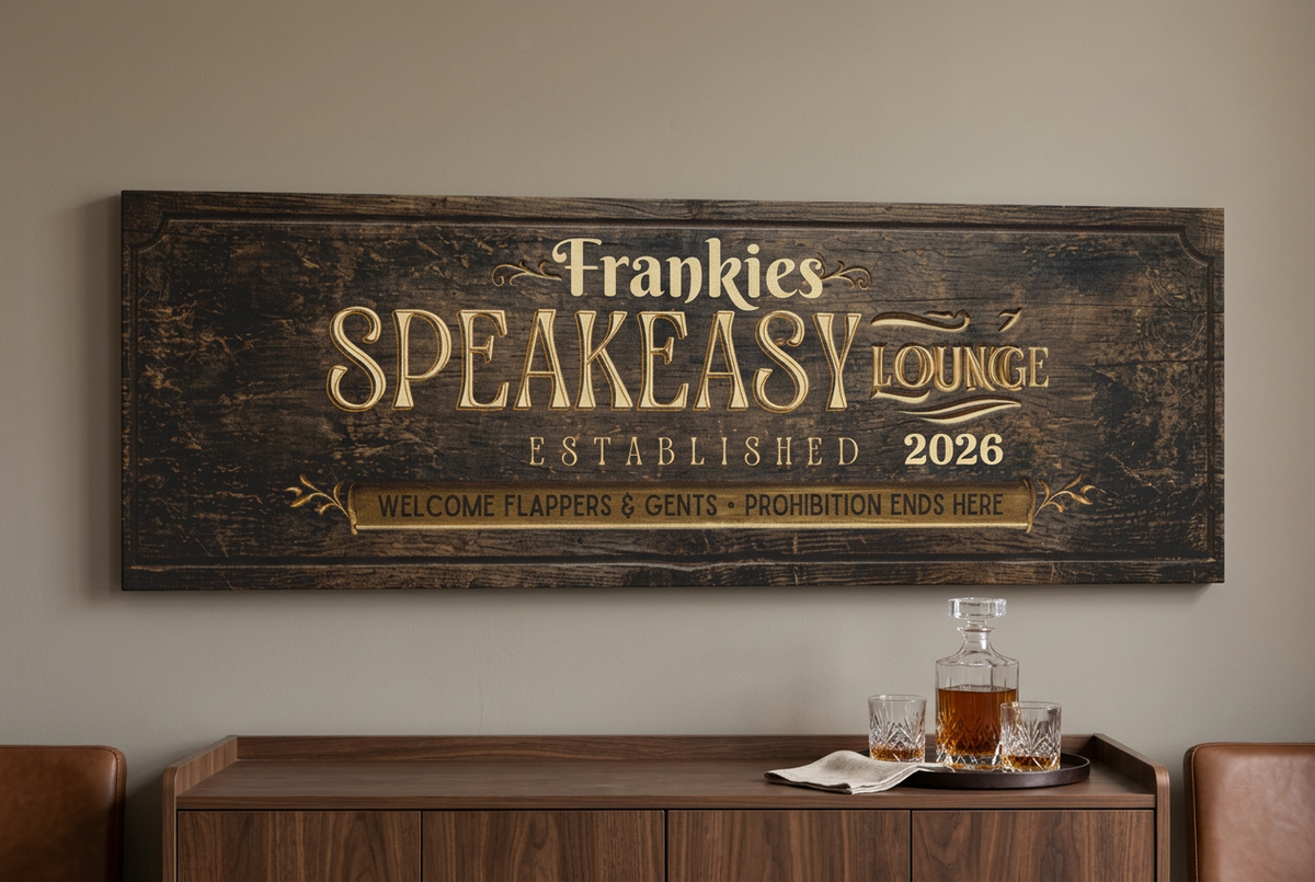 Personalized Speakeasy Lounge canvas in a home bar