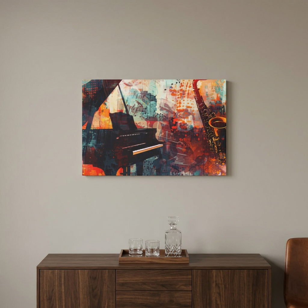 Saxophone and piano canvas above a home-bar cabinet