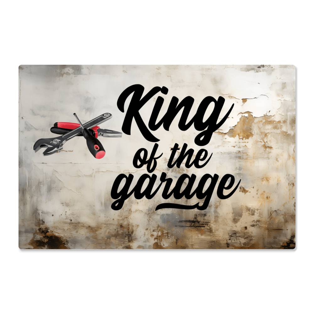 she shed or man cave : custom metal art with the saying King of the garage Jewelry ShineOn Fulfillment 18" x 12"