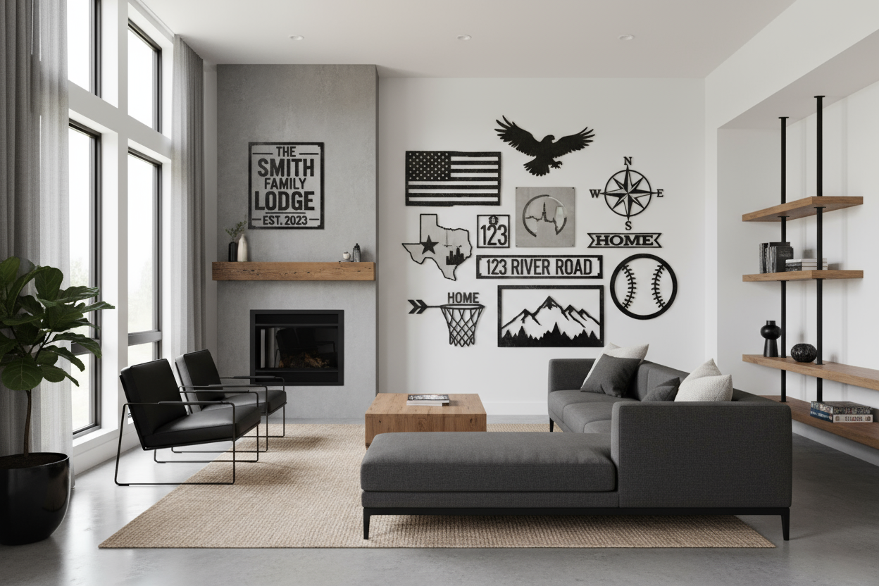 showcase a  handful of my products in collage form in amodern family roomsetting with a minimal look and neutral masculine tones