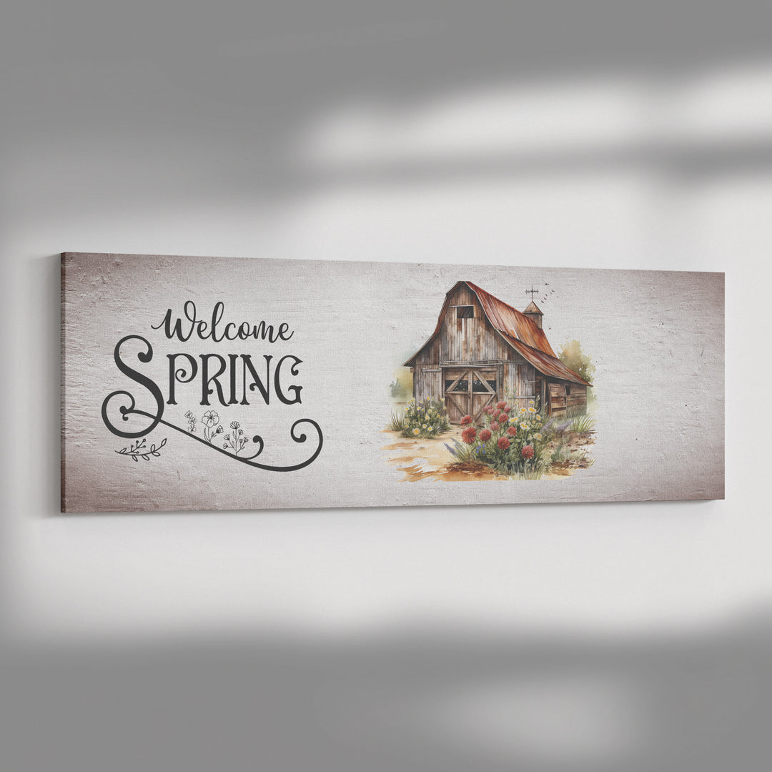 welcome spring panoramic canvas with a farmhouse rustic vibe Canvas teelaunch 20x60 .75