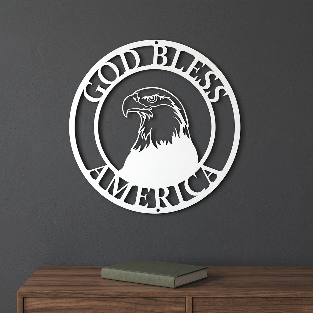 White bald eagle sign on a charcoal den wall