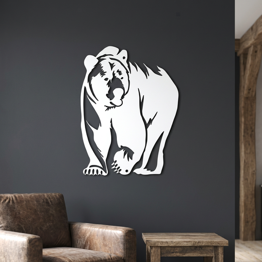 White bear metal wall art in a rustic cabin den