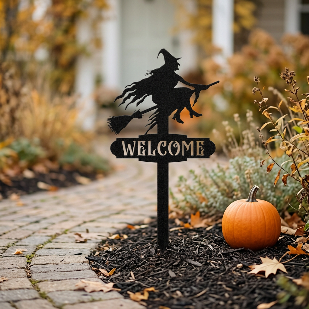 Witch Welcome metal yard sign in a simple autumn garden