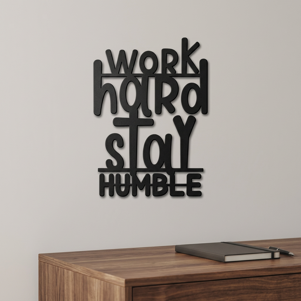 Work Hard Stay Humble sign in a home office
