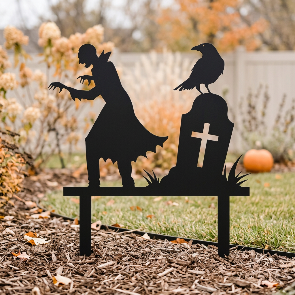 Zombie and raven metal yard sign in a simple autumn garden