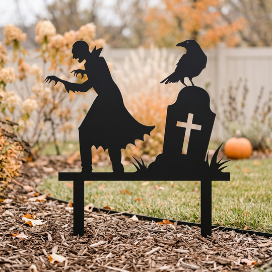 Zombie and raven metal yard sign in a simple autumn garden